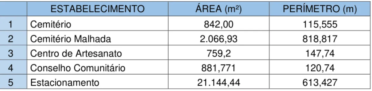 Tabela 2- Área e perímetro dos estabelecimentos mapeados 