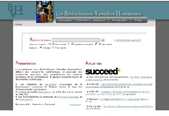 Figura 3 Bibliothèques Virtuelles Humanistes - página de acolhimento 