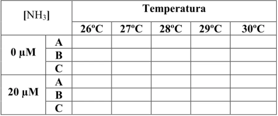 Tabela 2.1 – Tabela descritiva dos testes realizados aos fatores experimentais: temperatura e  concentração de amónia dissolvida na água em larvas simbióticas de Pocillopora damicornis
