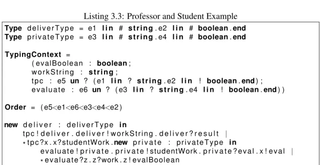 Figure 3.2 illustrates the channel communications between three processes. The com- com-munication starts when the process creates a private channel deliver to start a private session with the professor
