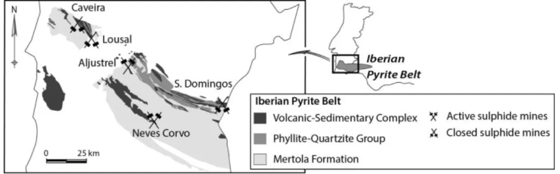 Fig. 1. Iberian Pyrite Belt with location of major closed and active mines.  