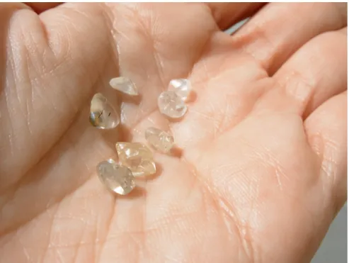 Foto 6: Diamantes recuperados no garimpo da Cooperativa dos Garimpeiros de Coromandel, no Rio  Douradinho, mostrando seu principal aspecto superficial, as faces altamente dissolvidas