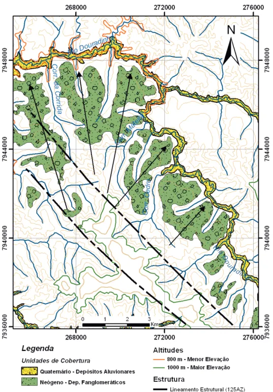 Figura 3: Modelo para explicar o aporte de sedimentos (dado pelas setas pretas) cenozóicos da margem  sul do Rio Douradinho, a partir dos terrenos soerguidos (&gt;1.000 m) formados pelas coberturas cretácicas, 