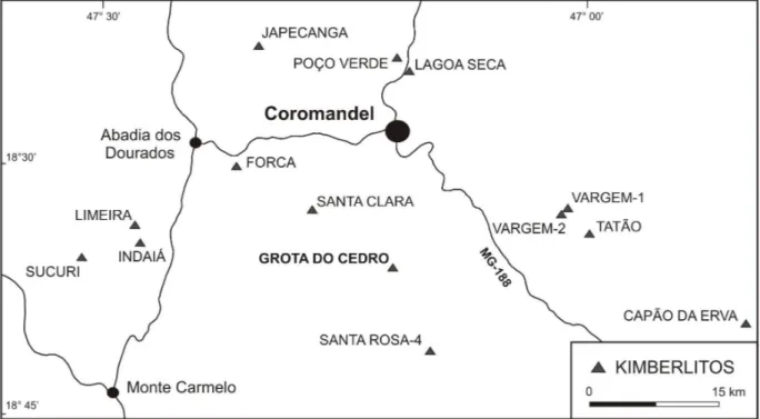Figura 5: Principais intrusões kimberlíticas da região de Coromandel (MG) destacando ao centro a intrusão Grota do Cedro.