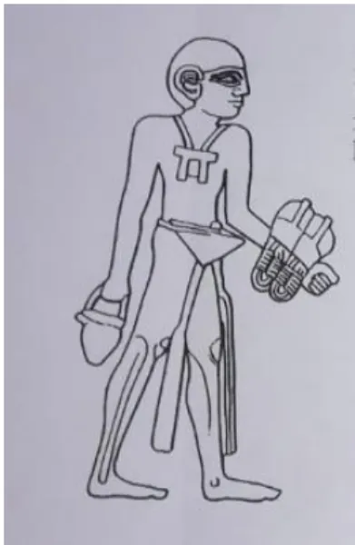 Fig. 14 – Mari, Período dinástico arcaico III (c.2608-2334 a.C.). Incrustação feita em concha pertencente  a  um  painel  originário  do  templo  de  Dagan  em  Mari, representando  uma  mulher  que  usa  um  selo  cilíndrico como fio, pendurado ao pescoço