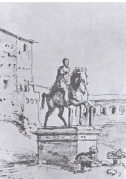 Fig. 1: detalle de la vista del Laterano dibujada por Maarten van Heemskerck en la que se  representa la escultura en bronce de Marco Aurelio (KRAUTHEIMER, 1980: 193)