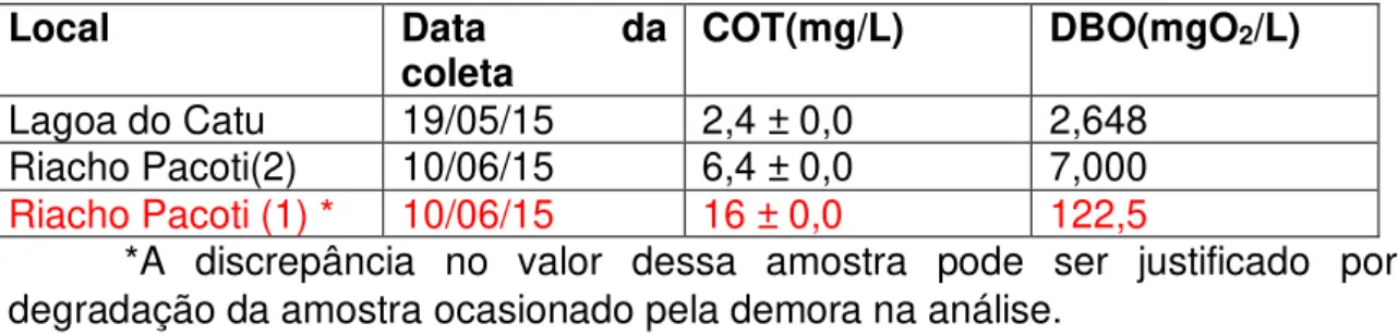 Tabela 2:Concentrações de COT e DBO das amostras selecionadas para o  estudo 