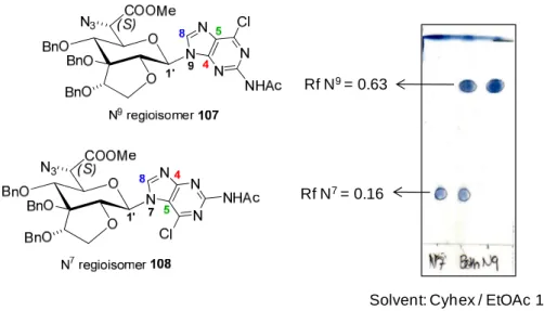 Figure 15 –TLC of both N 9 - and N 7  regioisomers 107 and 108, respectively, from which the  polarity difference of these nucleosides can be deduced