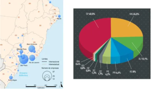 Figura 2 - Localização das empresas em Biotecnologia no Brasil e seus respectivos  percentuais por estado