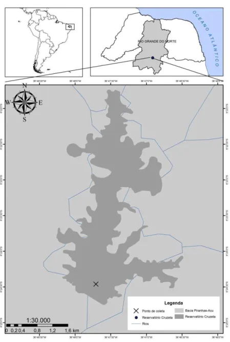 Figura 1: Localização do Reservatório Cruzeta e de seus principais tributários bem como do  ponto de amostragem de água