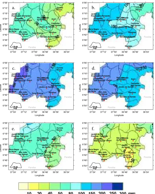 FIGURA 4.  Distribuição espacial da Precipitação para os meses de Janeiro (a), Fevereiro 