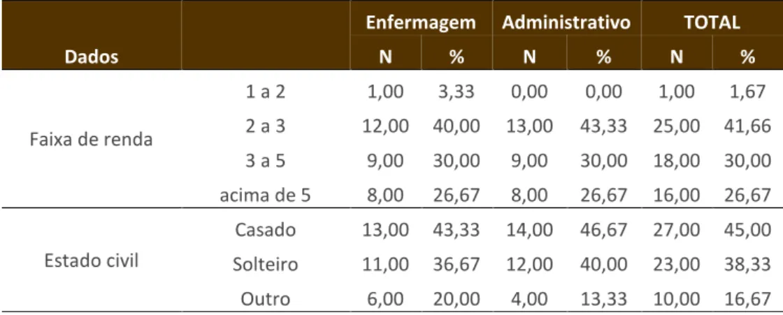 Tabela  1  –  Dados  sociodemográficos  dos  funcionários  da  enfermagem  (n=30)  e  administrativos (n=30) do Hospital Santa Lucinda 