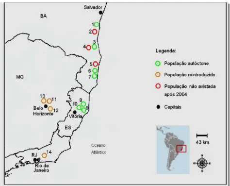 Figura 2: Populações de mutuns-do-sudeste (extraído de Bernardo, 2010): 