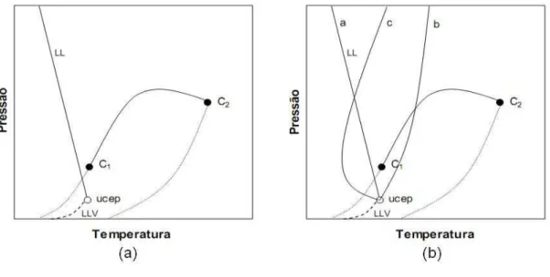 Figura 2. 6 (a): projeção P-T para sistema Tipo II; (b): projeção das três possíveis curvaturas da  linha crítica de equilíbrio LL para o sistema Tipo II