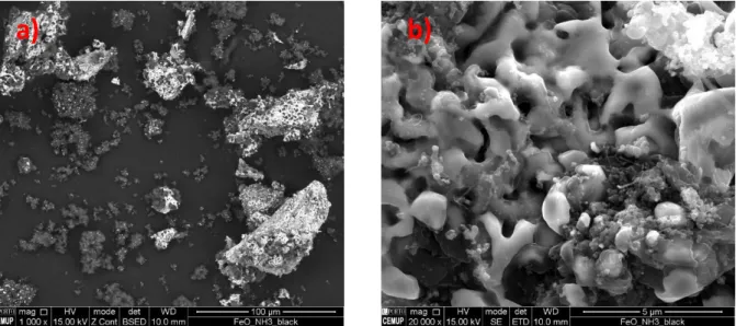 Figura 11: Imagens de SEM de partículas N-CFeO@CVD com uma magnificação de 1000 x (a) e 20 000 x (b)  
