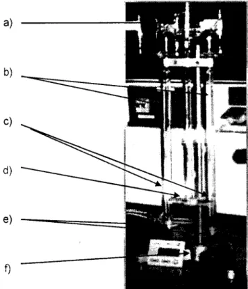 Figura 9 - Fotografia do electrolisador usado no trabalho, a) ampola de carga; b) buretas; c)  eléctrodos; d) ponte; e) alvéolos de ligação; f) suporte