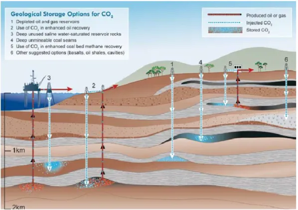 Figura 2.2 - Opções para armazenamento de CO 2  em formações geológicas (IPCC, 2005) 