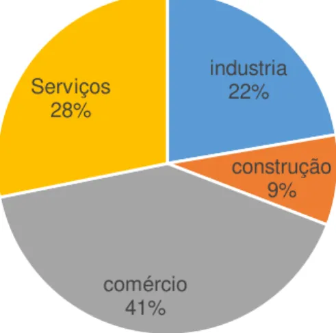 Gráfico 6 - Distribuição das MPEs segundo setor de atividade - Brasil - 2012  industria 22% construção 9% comércio 41%Serviços28%