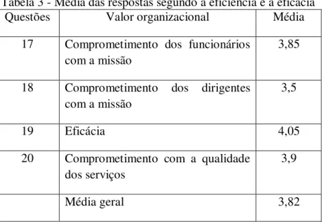 Tabela 3 - Média das respostas segundo a eficiência e a eficácia 