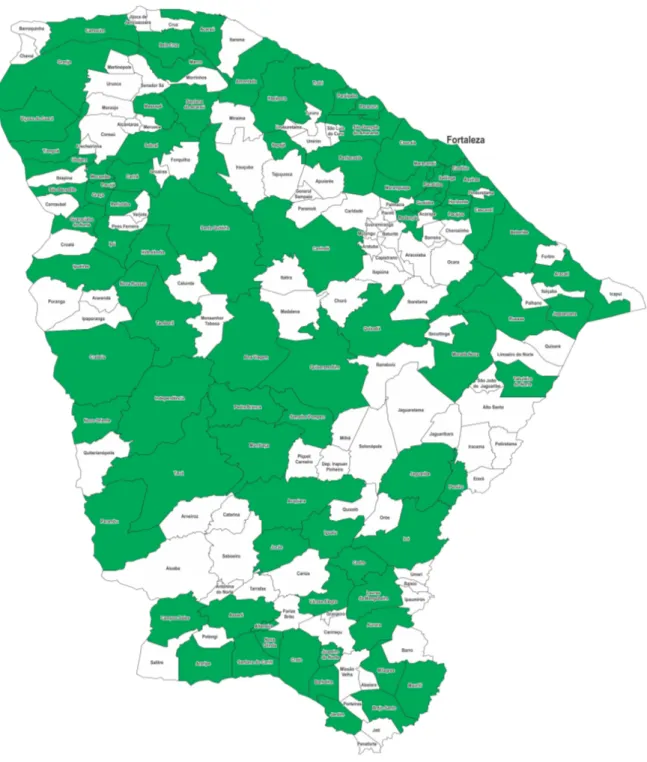 Figura 1 -  Mapa do Estado do Ceará, com indicativo dos municípios cearenses onde tem EEEPs, implantadas e em funcionamento, 2014