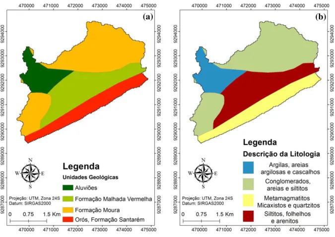 Figura 7  –  (a) Mapa das unidades geológicas e (b) Mapa das  unidades litológicas da Bacia  Experimental de Iguatu – BEI, Ceará, Brasil 