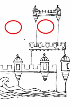 Figura 60 - Parte da arte (figura 41) feita à caneta por Diniz Em destaque, locais do desenho onde Diniz  acrescentou, à lápis, as palavras coroa (a esquerda) e brasão (a direita)