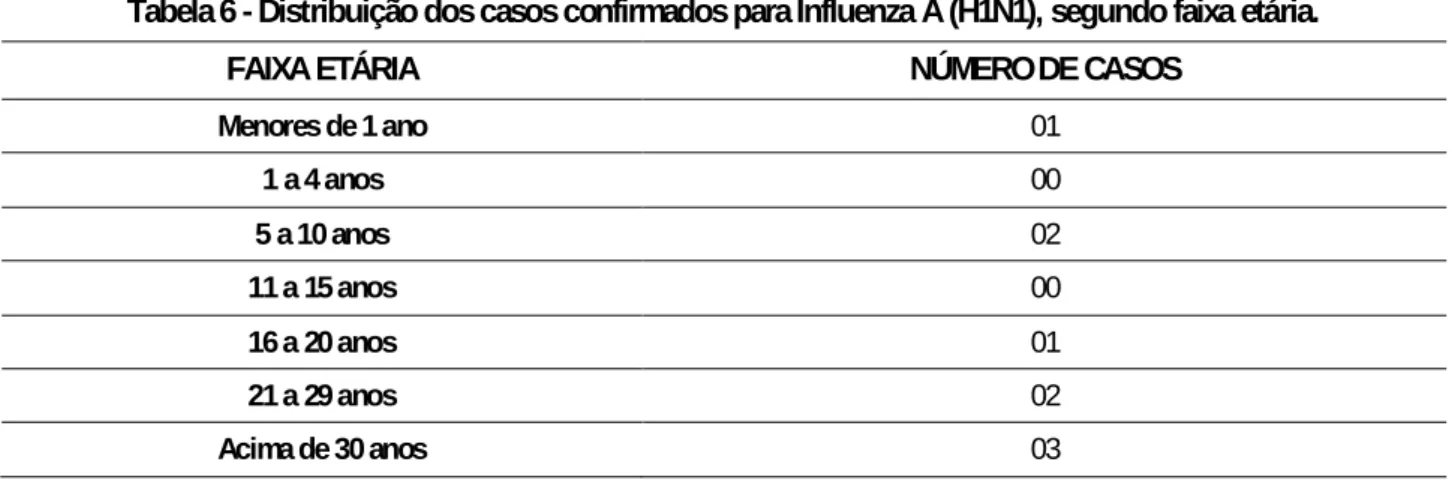 Tabela 6 - Distribuição dos casos confirmados para Influenza A (H1N1), segundo faixa etária