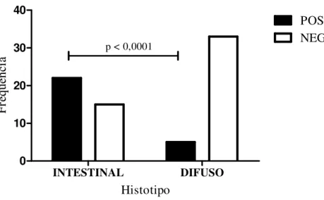 Gráfico  2  –  Imunoexpressão  de  LGR4  no  câncer  gástrico  primário  de  acordo com os  histotipos: intestinal e difuso; P &lt; 0,0001- teste exato de  Fisher  INTESTINAL DIFUSO010203040 POSITIVO NEGATIVOp &lt; 0,0001 HistotipoFrequência