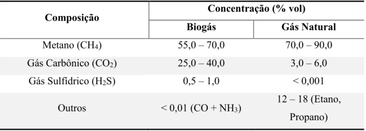 Tabela 1 – Das composições do biogás e do gás natural.