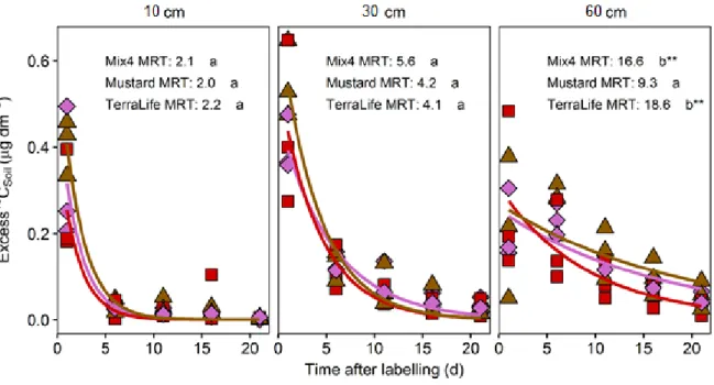 Figure 3.4. Evolution of excess  13 C-CO 2  in soil air of different depths. The MRT is given in days