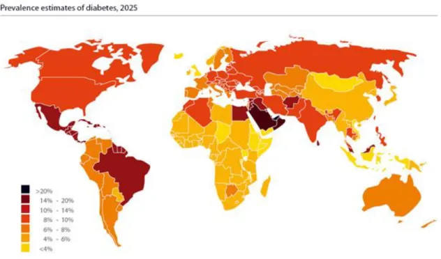 Figura 4 – Prevalência estimada de diabetes no mundo no ano de 2035, adaptado de [19].
