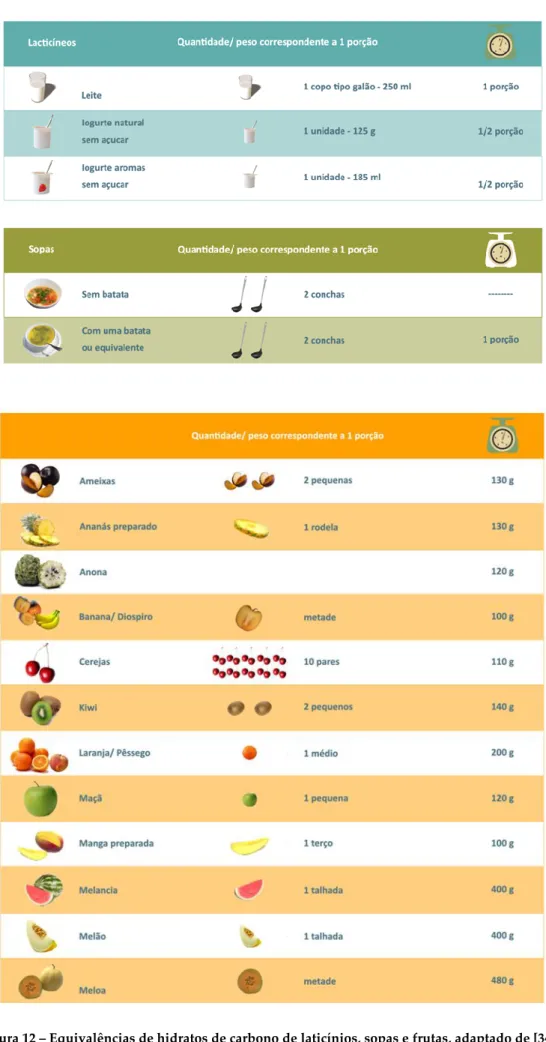 Figura 12 – Equivalências de hidratos de carbono de laticínios, sopas e frutas, adaptado de [34]