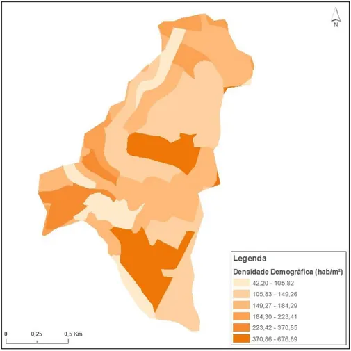 Figura 9  –  Mapa da densidade populacional na bacia do Mané Dendê por setor censitário
