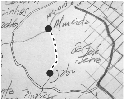 Figura 03: Detalhe do croqui sobre o trecho do ônibus da Sede de Jaboticatubas para o distrito de  Almeida (maio/2016)