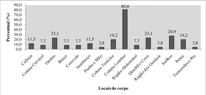 Gráfico 1 - Locais do corpo que apresentaram dor ou desconforto dos carroceiros de Santa Cruz do Capibaribe-PE  Fonte: Autoria própria (2008)