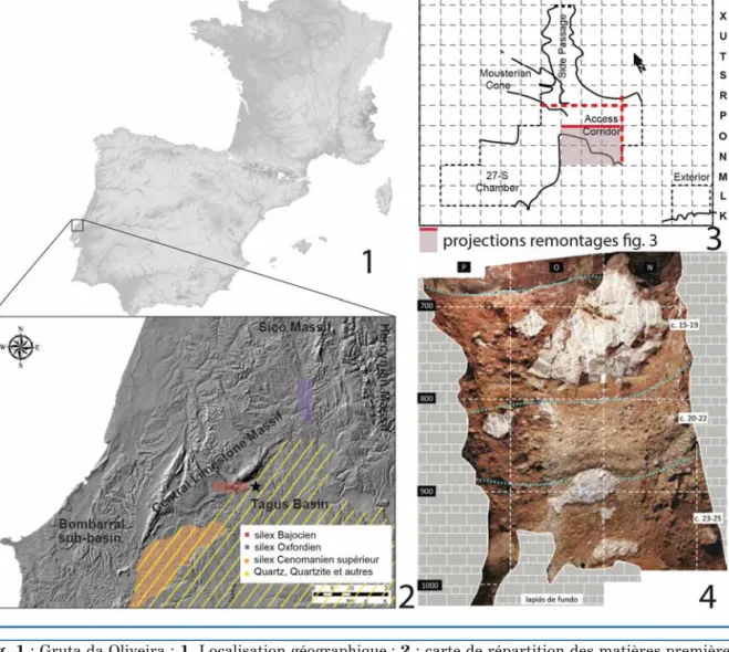 Fig. 1 : Gruta da Oliveira : 1. Localisation géographique ; 2 : carte de répartition des matières premières (Matias, 2016) ; 3