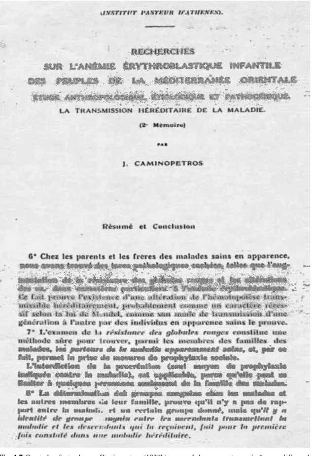 Fig. 1.7 O  estudo  efectuado  por  Caminopetros  (1938b),  no  qual  descreve  a  transmissão  mendeliana  da  talassémia