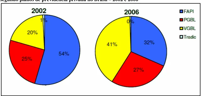 Gráfico  6:  Distribuição  do  patrimônio  das  entidades  abertas  de  previdência  complementar  segundo planos de previdência privada no Brasil – 2002 e 2006 