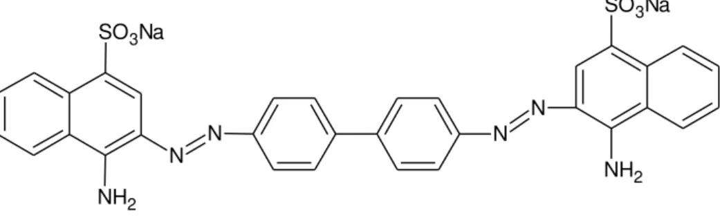 Figura 2  –  Estrutura do corante direto corante Vermelho Congo.  NH 2 N N N N NH 2SO3NaSO 3 Na 2.1.1.3 Corantes azóicos 