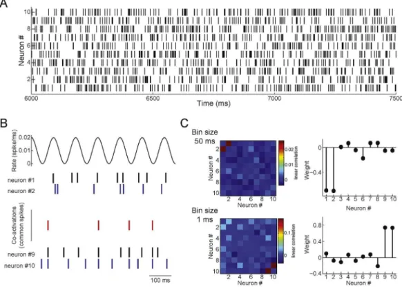 Fig. 12. The influence of bin size on assembly detection. (A) Spike raster plot of ten simulated neurons