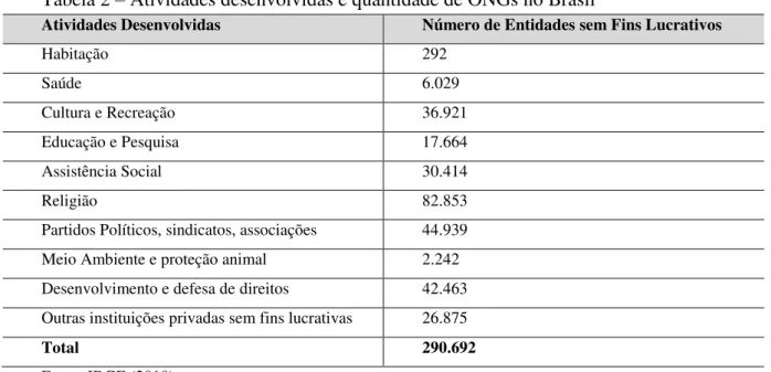 Tabela 2  –  Atividades desenvolvidas e quantidade de ONGs no Brasil 