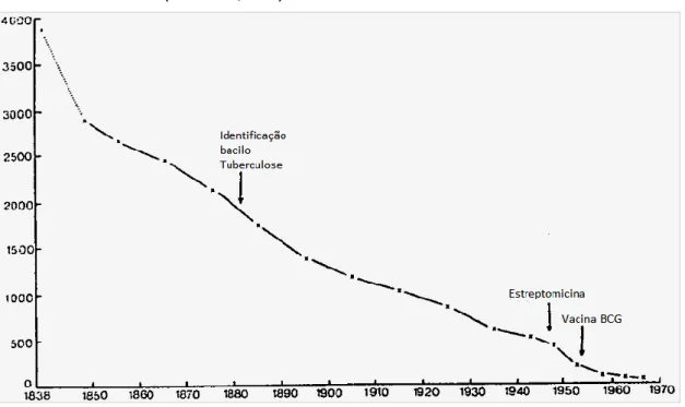 Figura 2 – Taxa média anual de mortes por Tuberculose (mortes por milhão) em Inglaterra e País  de Gales de 1838 a 1970 (McKeown, 1976)
