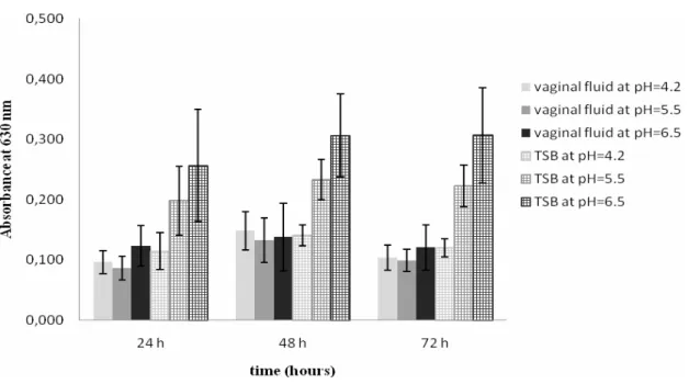 Figure 3.2. Production of biofilm by a representative isolate of L. monocytogenes (1761  IIa) at different time intervals, in SVF and TSB at different values of pH