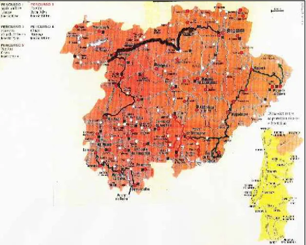 FIGURA 2 – Mapa das regiões Norte e Nordeste de Portugal, com destaque às aldeias de Vinhais e  Chaves,  ao  provável  percurso  feito  pelos  avós  e  pais  de  algumas  das  entrevistadas  e  à  noção  em  quilômetros  percorridos  até  chegarem  aos  po