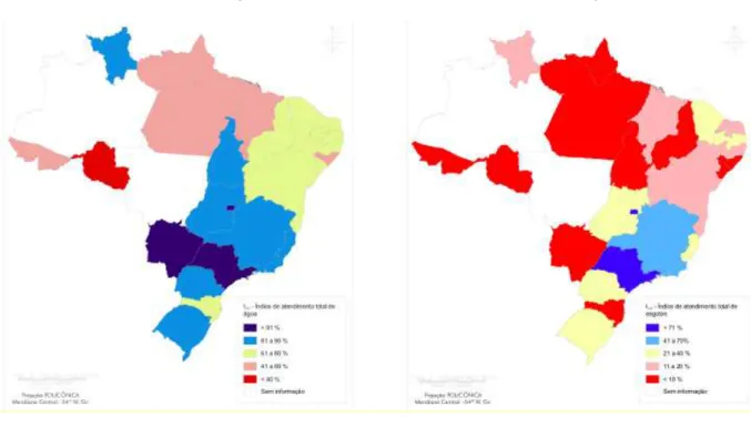 Figura 1 -  Representação espacial do índice de atendimento de água e esgoto, distribuído por  faixas percentuais, segundo os estados brasileiros  