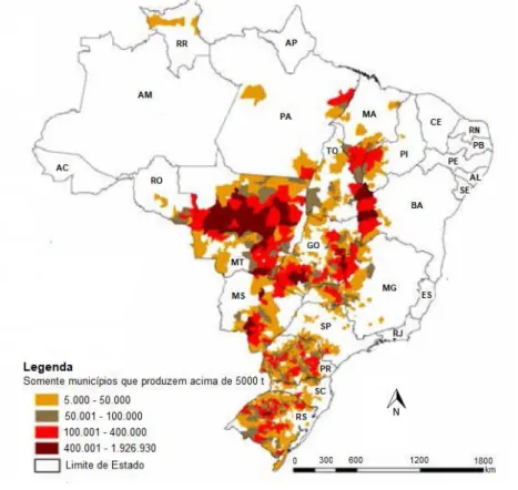 Figura 2  –  Mapa de produção agrícola da soja entre as regiões brasileiras referente à safra  de 2016/2017