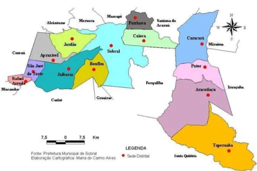 Figura 1: Mapa de Sobral com detalhamento da divisão territorial e limites com outros municípios