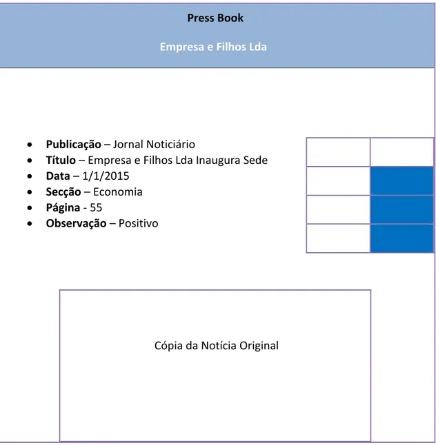 Tabela 2 - Exemplo de Press Book