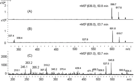 Fig. 7. Tandem MS data recorded in the auto-MS 2 mode for extracted ion chromatograms (EIC) of simple lipids (NL) fraction from maize ﬂour (M) free lipids (FL) extract (M-FL-NL) (recorded using the elution program in Table 2): (A) MS 2 at 50.8 min (1,3-DAG