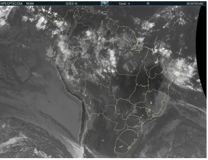 Figura 09  – Nebulosidade associada à Ondas de Leste sobre o Nordeste.  Fonte: DSA/CPTEC/INPE 03.07.2013 as 14:00 TMG